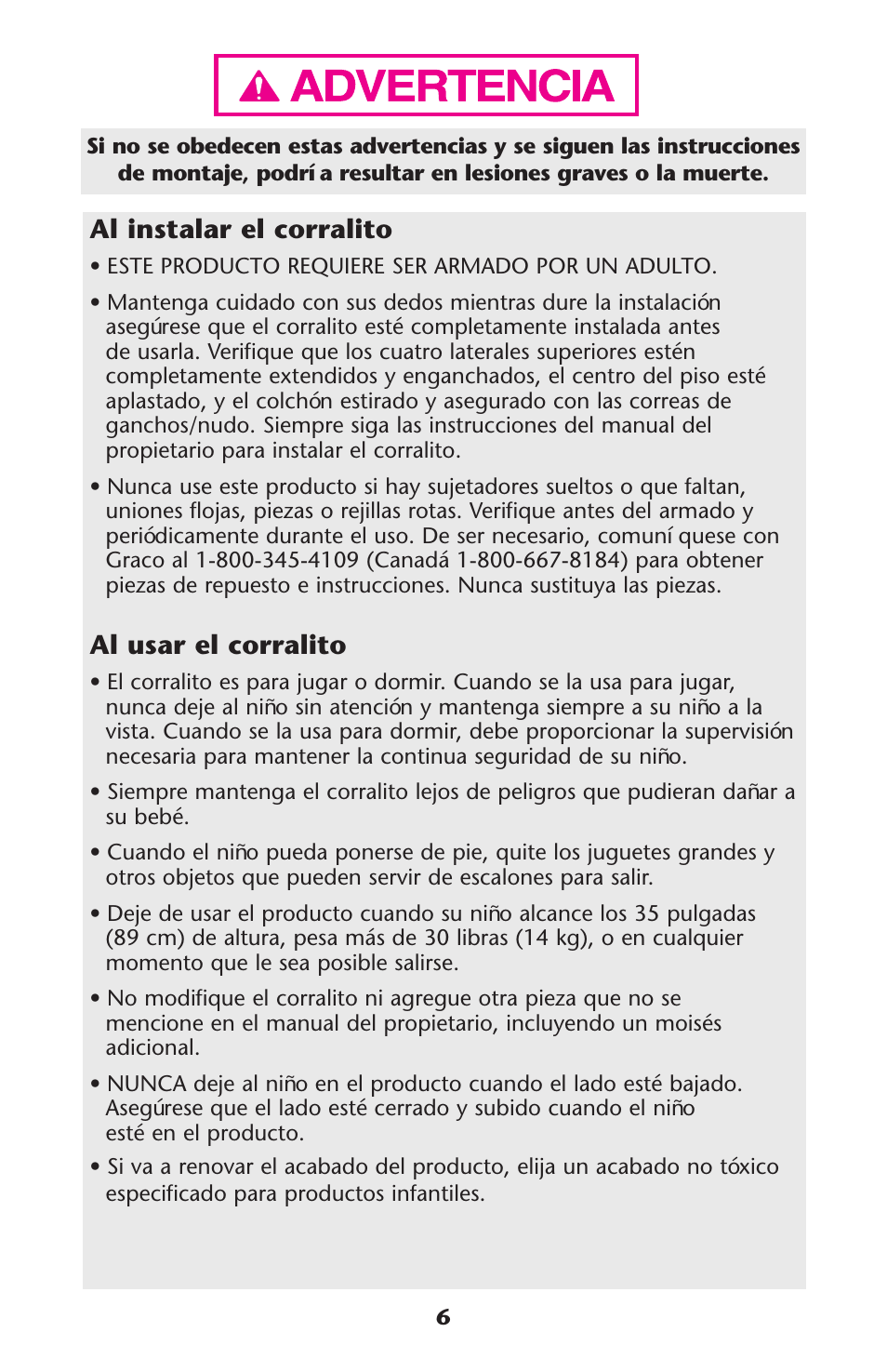 Al instalar el corralito, Al usar el corralito | Graco ISPP077AB User Manual | Page 6 / 49
