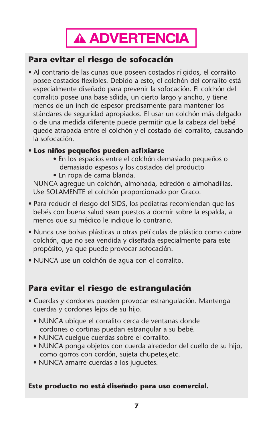 Para evitar el riesgo de sofocación, Para evitar el riesgo de estrangulación | Graco ISPP077AB User Manual | Page 7 / 49