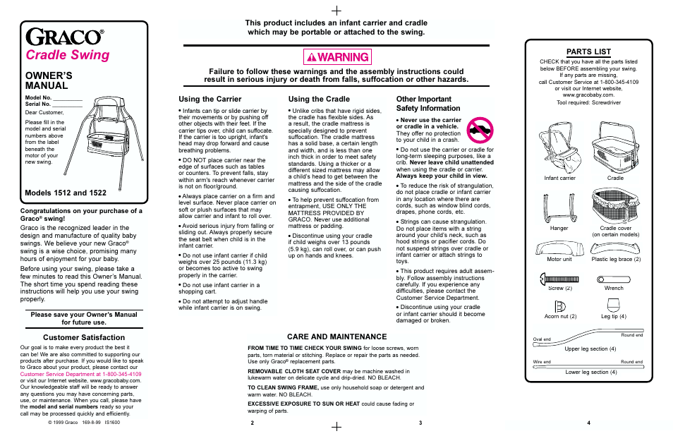 Cradle swing, Owners manual, Care and maintenance | Customer satisfaction, Other important safety information, Using the cradle, Using the carrier, Parts list | Graco 1512 User Manual | Page 2 / 7