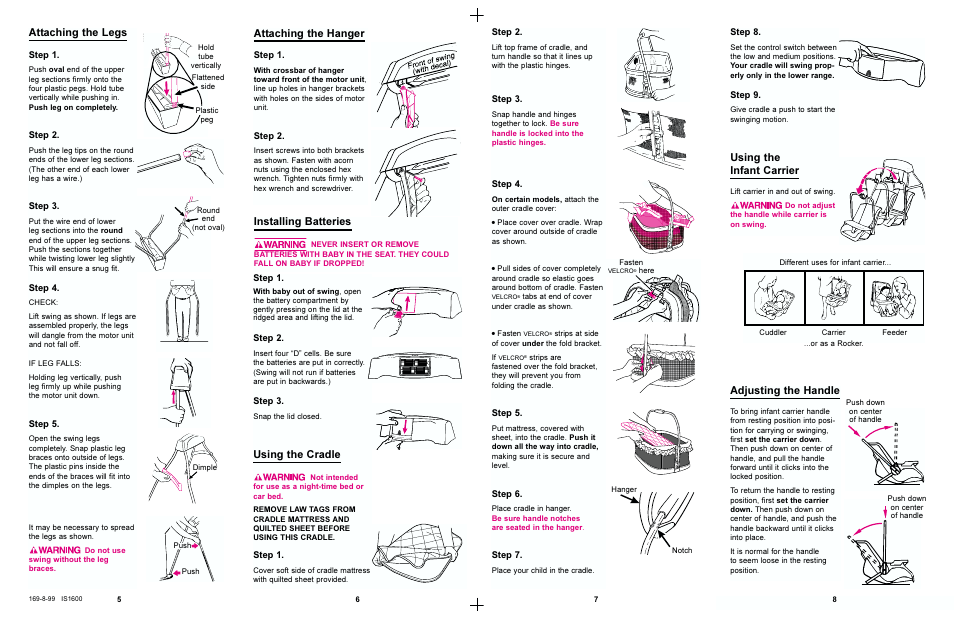 Attaching the legs, Attaching the hanger, Adjusting the handle | Using the cradle, Installing batteries, Using the infant carrier | Graco 1512 User Manual | Page 3 / 7