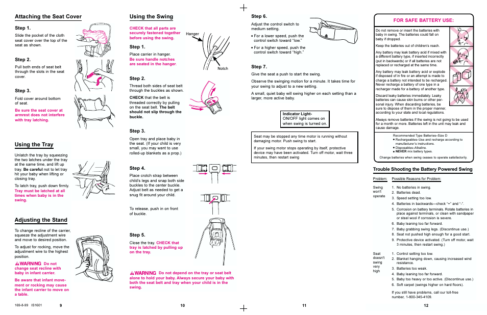 Using the tray, Adjusting the stand, Using the swing | Attaching the seat cover | Graco 1512 User Manual | Page 6 / 7