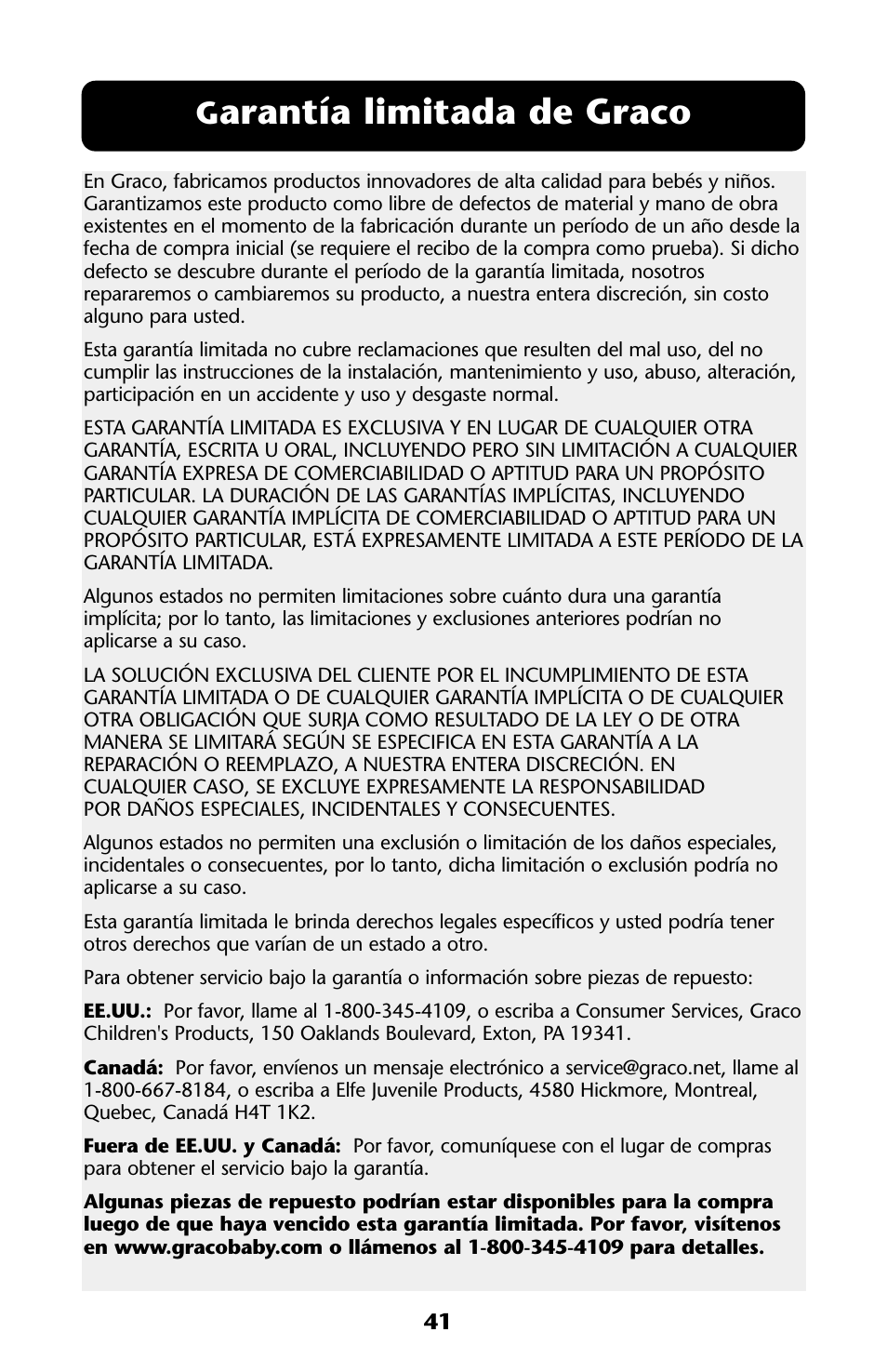 Arantía limitada de graco | Graco ISPJ002AB User Manual | Page 41 / 44