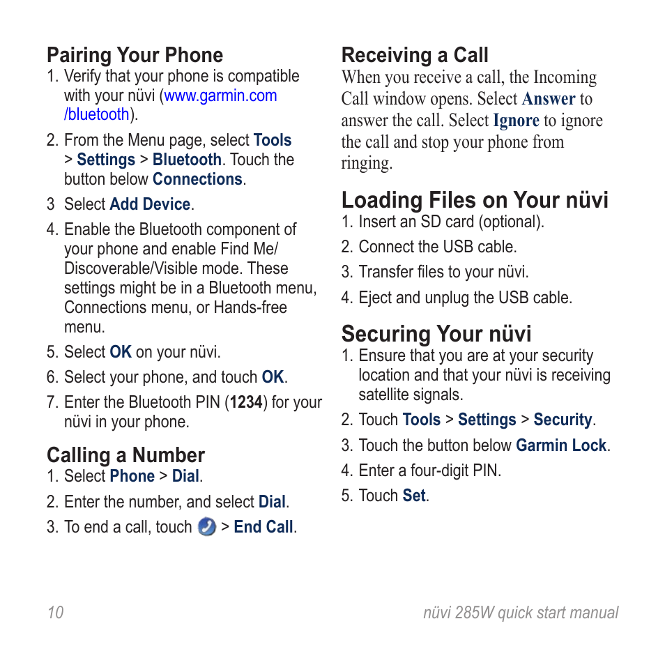 Loading files on your nüvi, Securing your nüvi, Pairing your phone | Calling a number, Receiving a call | Garmin nuvi 285W User Manual | Page 10 / 12