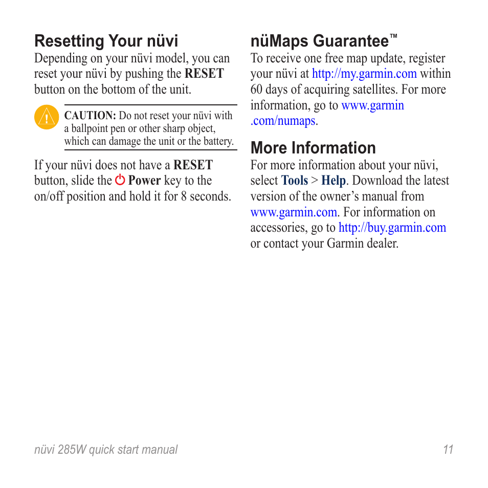 Resetting your nüvi, Nümaps guarantee, More information | Garmin nuvi 285W User Manual | Page 11 / 12