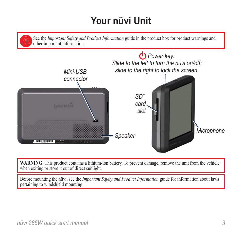 Your nüvi unit | Garmin nuvi 285W User Manual | Page 3 / 12