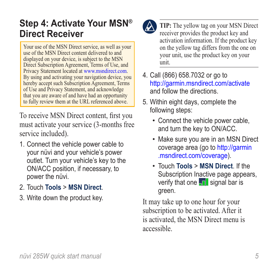 Step 4: activate your msn, Direct receiver | Garmin nuvi 285W User Manual | Page 5 / 12