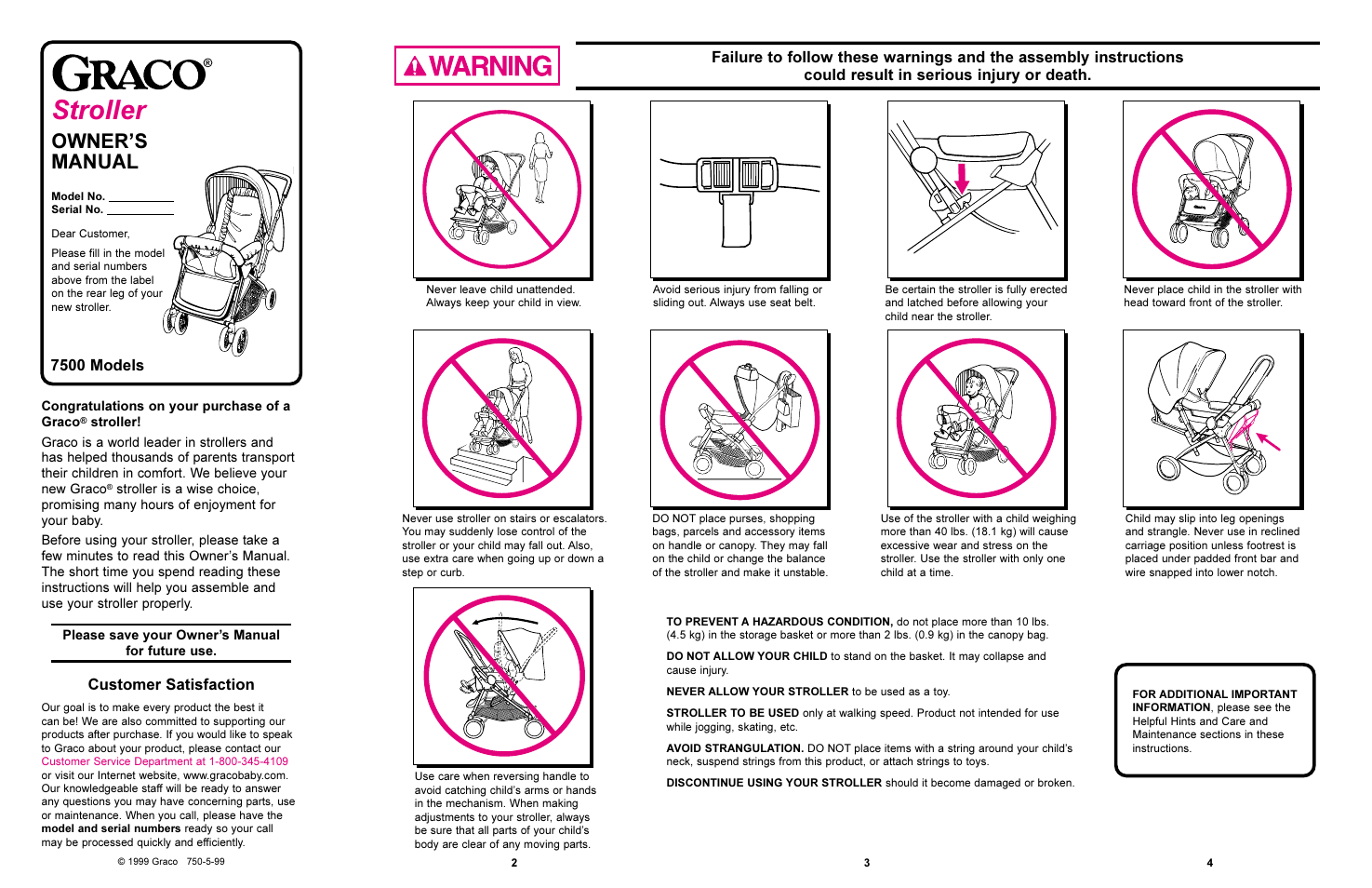 Stroller, Owners manual, Customer satisfaction | 7500 models | Graco 7500 User Manual | Page 2 / 7