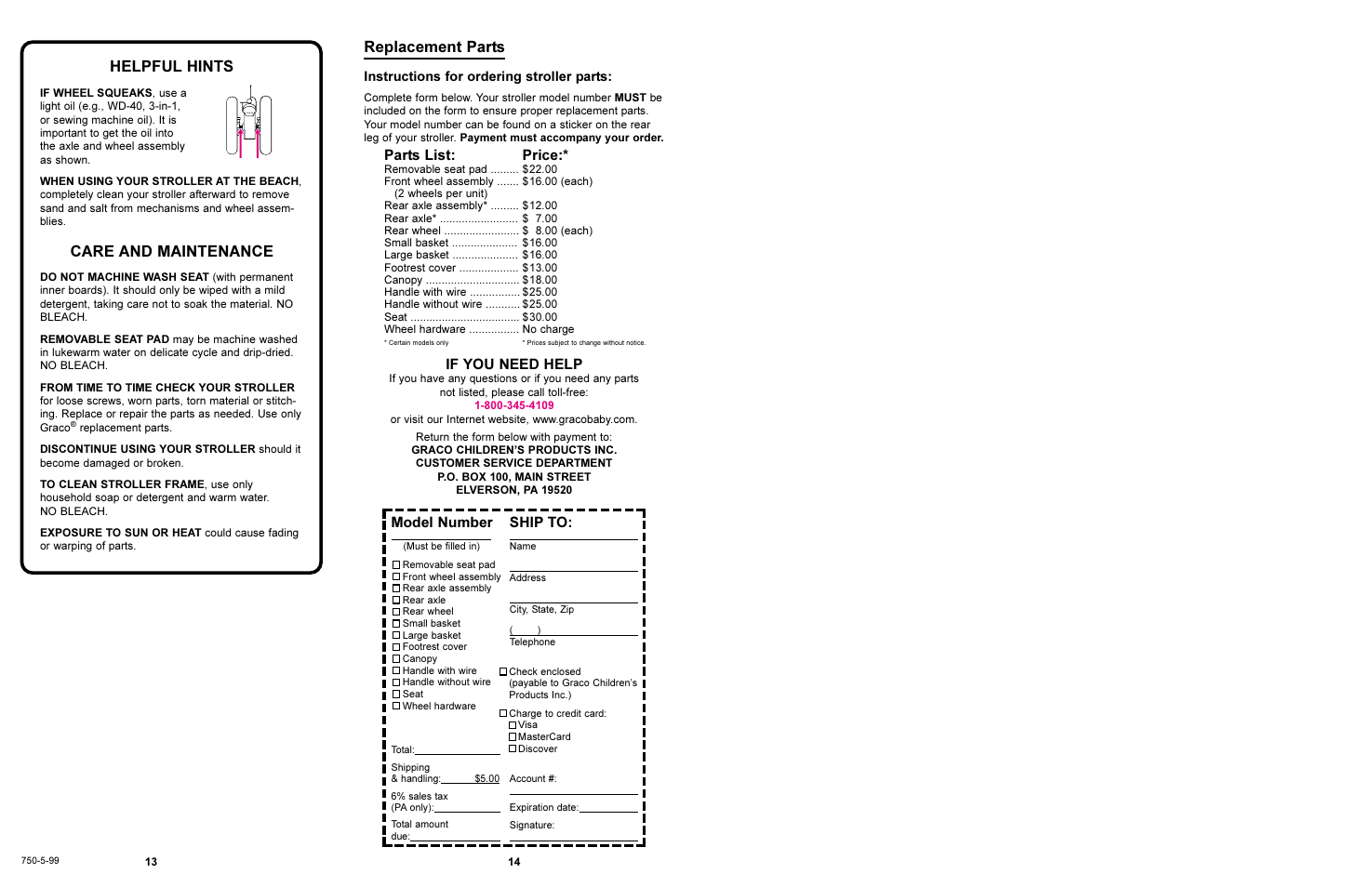 Replacement parts, Helpful hints, Care and maintenance | If you need help, Model number, Shipto, Parts list, Price | Graco 7500 User Manual | Page 7 / 7