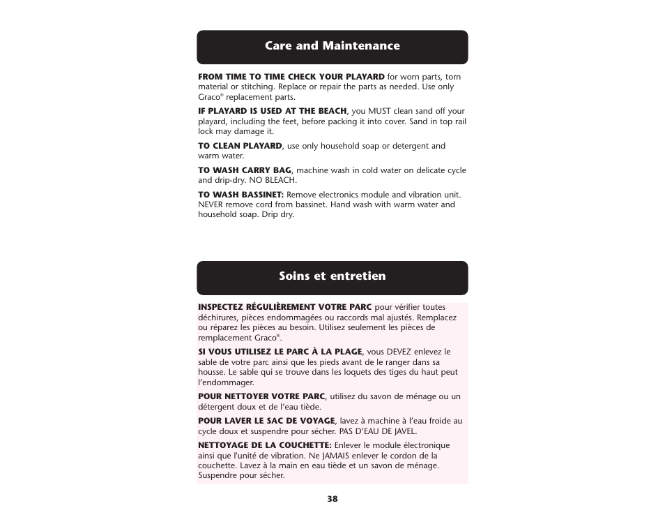 Soins et entretien, Care and maintenance | Graco ISPP045AD User Manual | Page 38 / 40