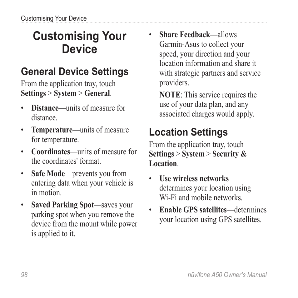 Customising your device, General device settings, Location settings | Graco NUVIFONE A50 User Manual | Page 106 / 136