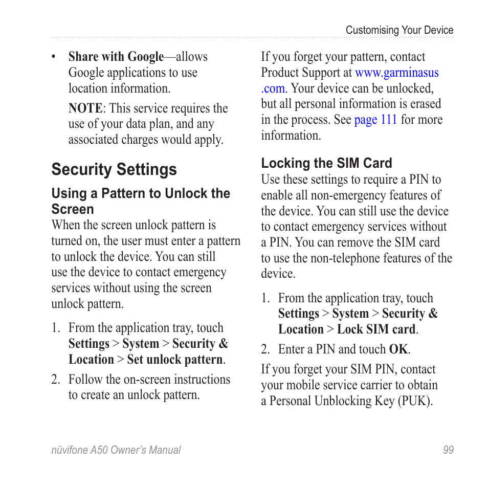 Security settings | Graco NUVIFONE A50 User Manual | Page 107 / 136