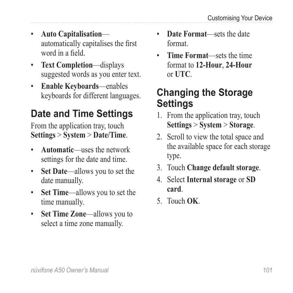 Date and time settings, Changing the storage settings, Changing the storage | Settings | Graco NUVIFONE A50 User Manual | Page 109 / 136