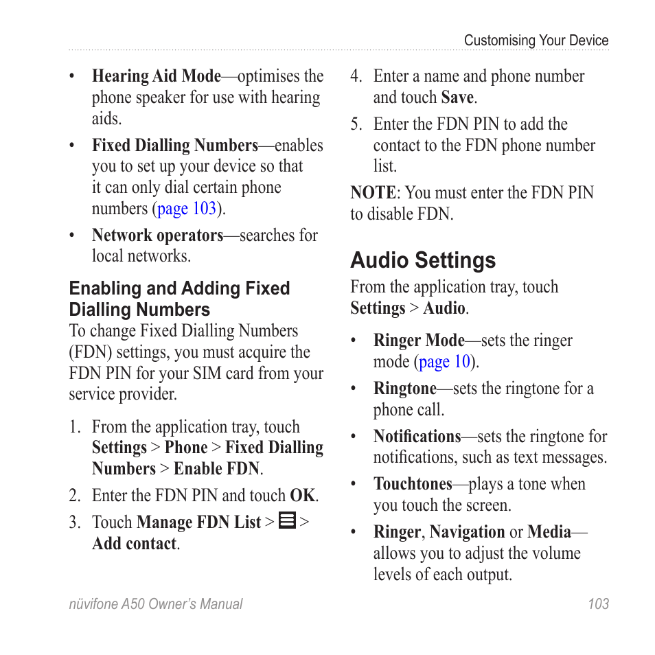 Audio settings | Graco NUVIFONE A50 User Manual | Page 111 / 136