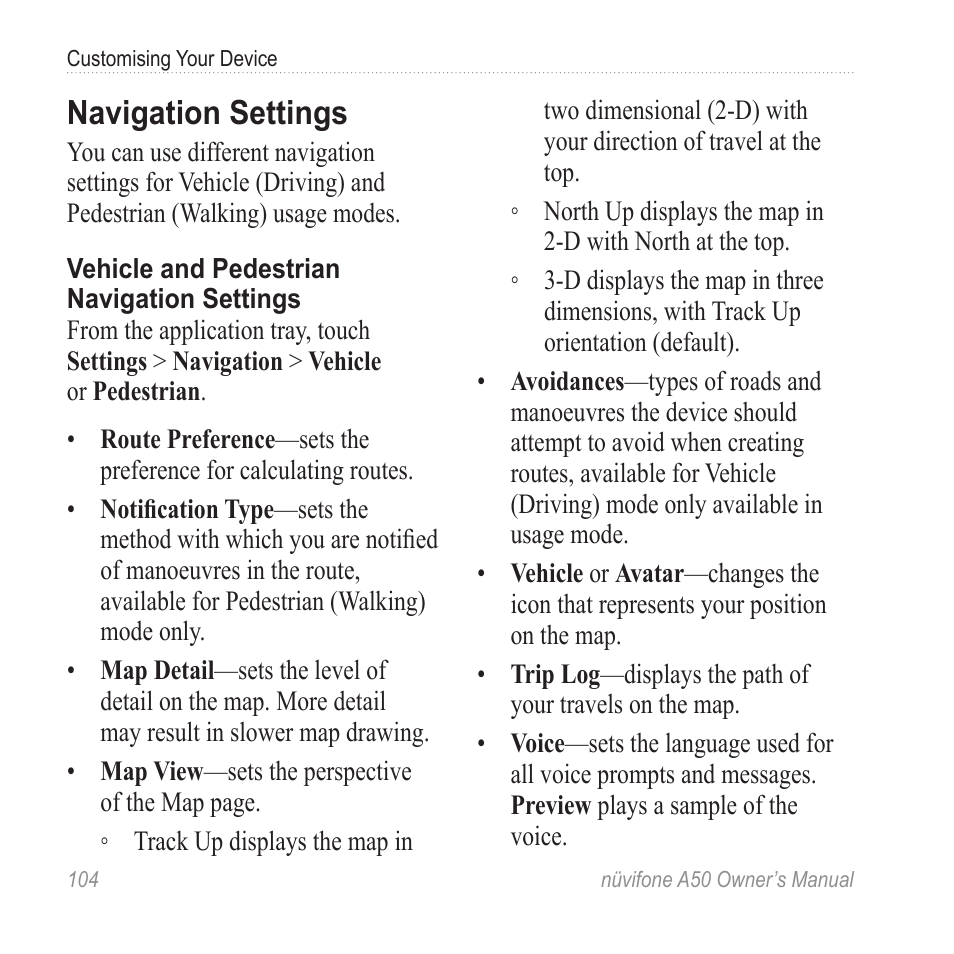 Navigation settings | Graco NUVIFONE A50 User Manual | Page 112 / 136