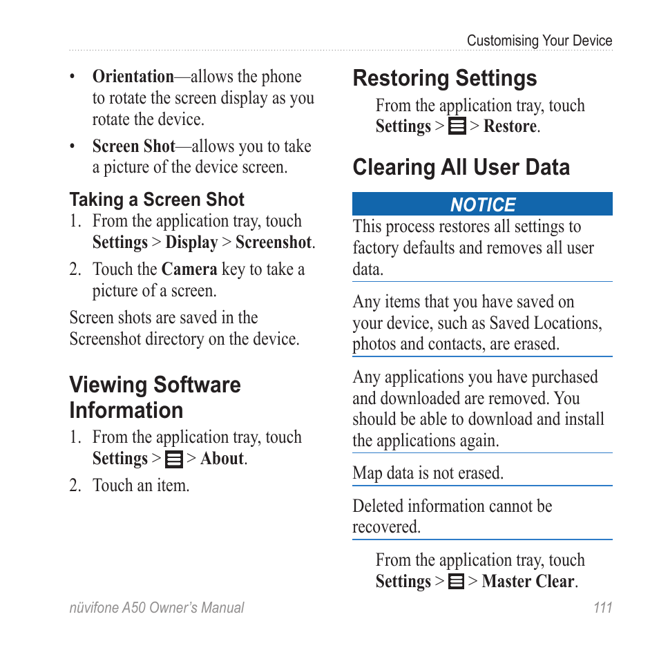 Viewing software information, Restoring settings, Clearing all user data | Graco NUVIFONE A50 User Manual | Page 119 / 136