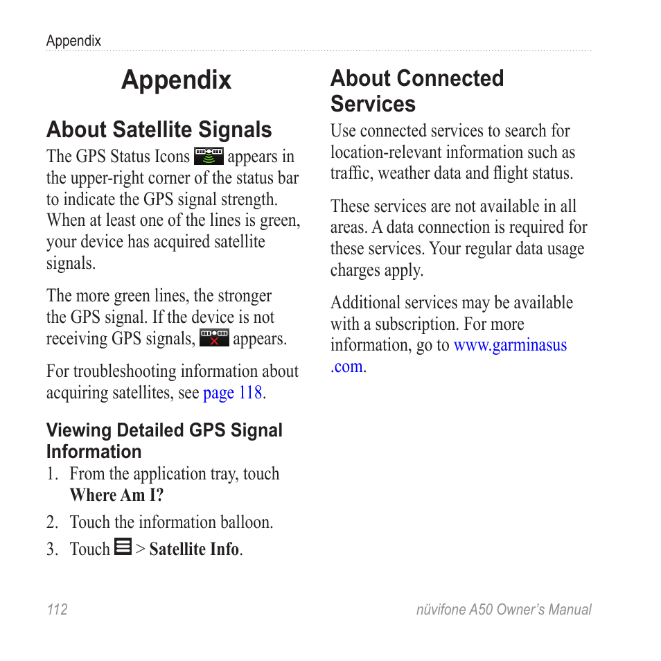 Appendix, About satellite signals, About connected services | Graco NUVIFONE A50 User Manual | Page 120 / 136