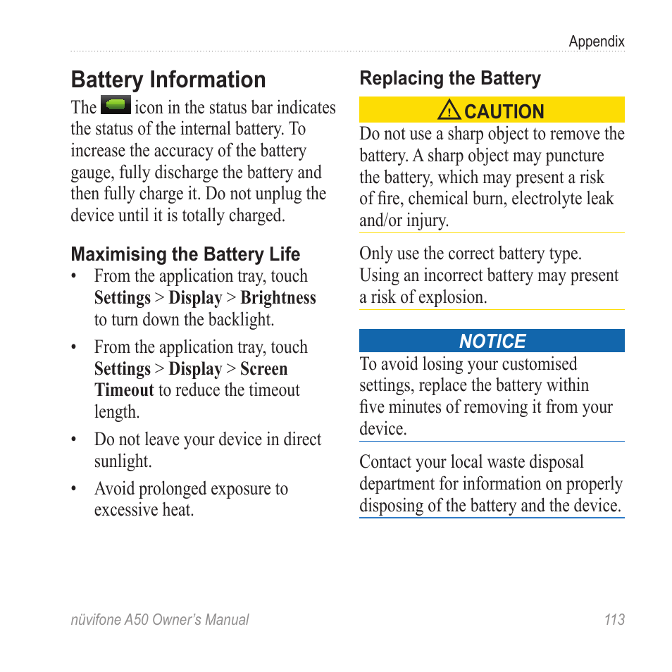 Battery information | Graco NUVIFONE A50 User Manual | Page 121 / 136