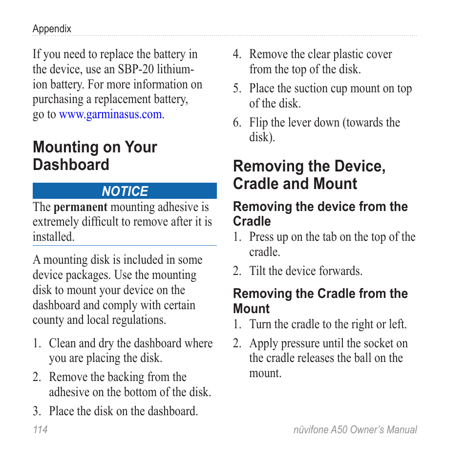 Mounting on your dashboard, Removing the device, cradle and mount, Removing the device, cradle | And mount | Graco NUVIFONE A50 User Manual | Page 122 / 136