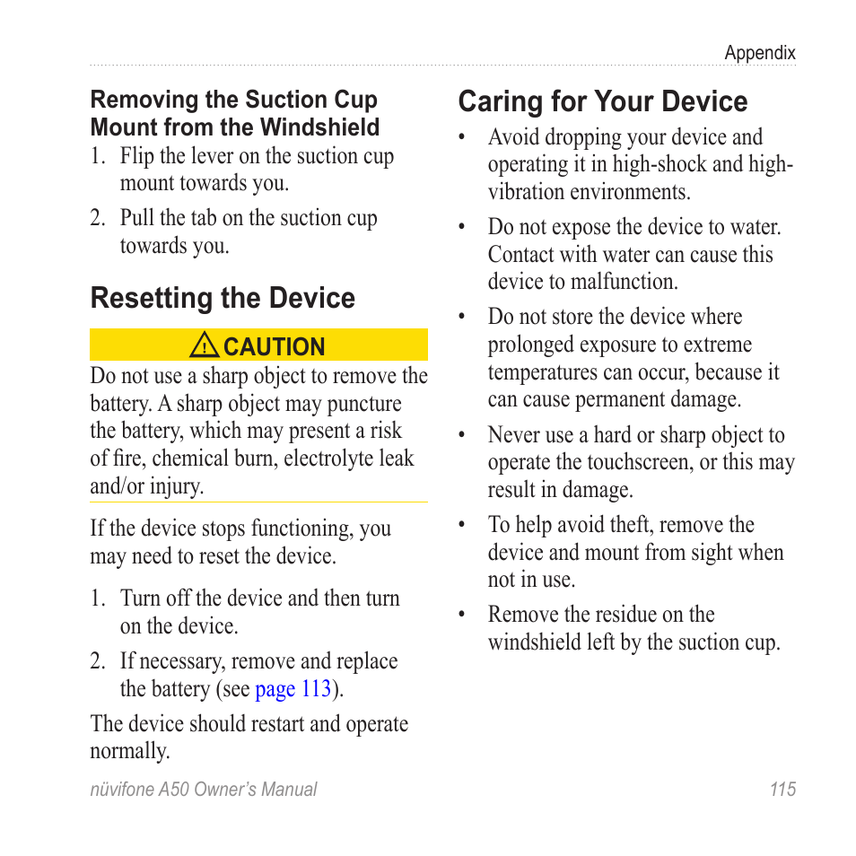 Resetting the device, Caring for your device | Graco NUVIFONE A50 User Manual | Page 123 / 136