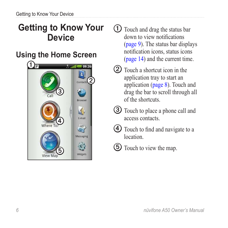 Getting to know your device, Using the home screen | Graco NUVIFONE A50 User Manual | Page 14 / 136