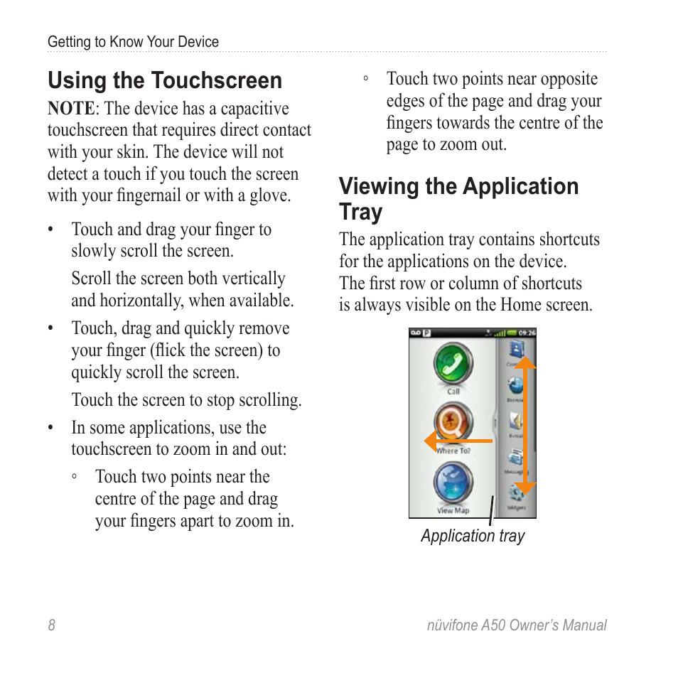 Using the touchscreen, Viewing the application tray | Graco NUVIFONE A50 User Manual | Page 16 / 136