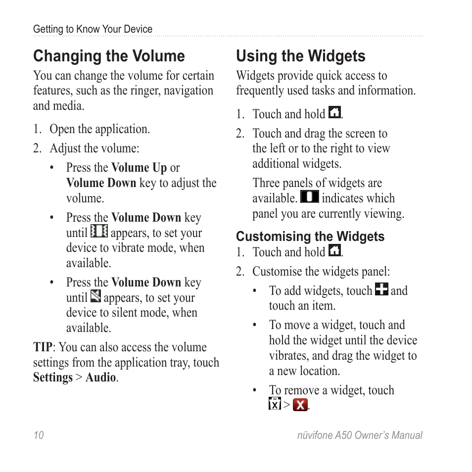 Changing the volume, Using the widgets | Graco NUVIFONE A50 User Manual | Page 18 / 136