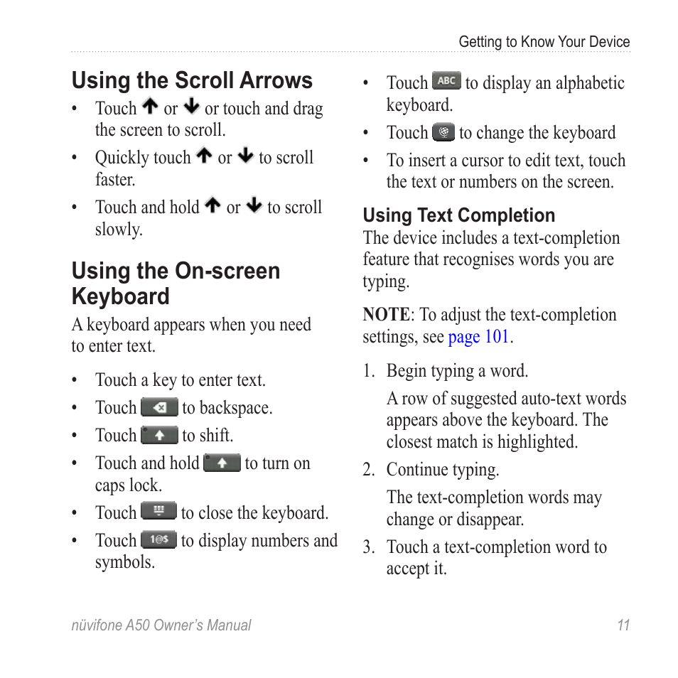 Using the scroll arrows, Using the on-screen keyboard | Graco NUVIFONE A50 User Manual | Page 19 / 136