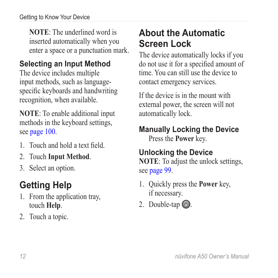 Getting help, About the automatic screen lock, About the automatic screen | Lock | Graco NUVIFONE A50 User Manual | Page 20 / 136