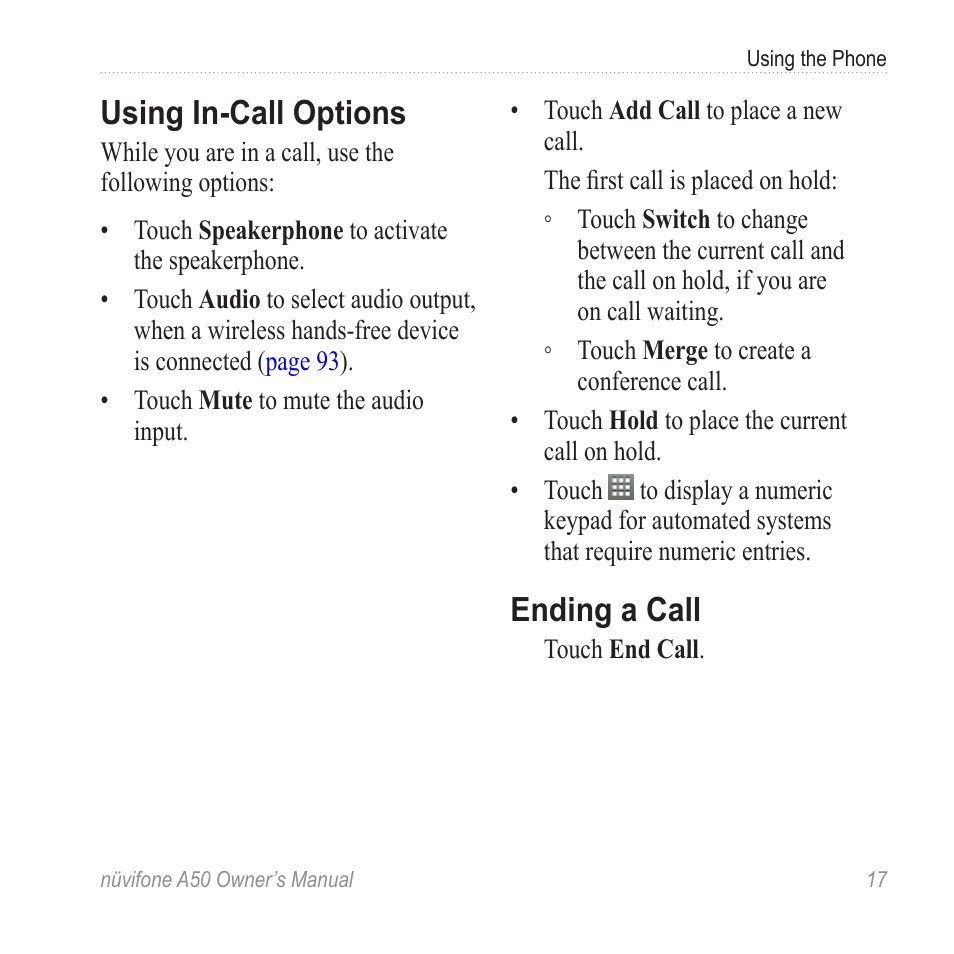 Using in-call options, Ending a call | Graco NUVIFONE A50 User Manual | Page 25 / 136