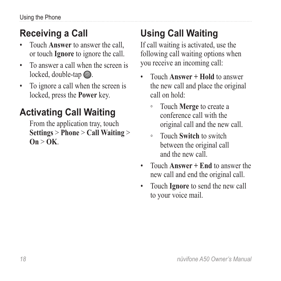 Receiving a call, Activating call waiting, Using call waiting | Graco NUVIFONE A50 User Manual | Page 26 / 136