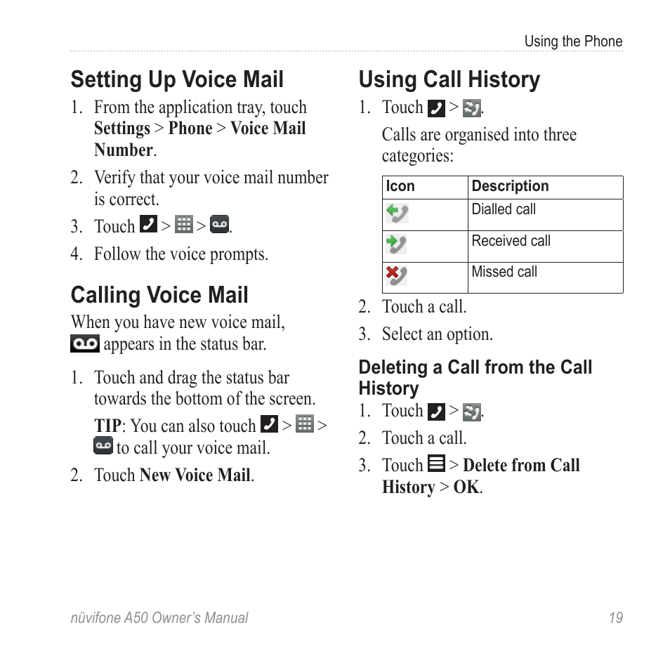 Setting up voice mail, Calling voice mail, Using call history | Set up voice mail | Graco NUVIFONE A50 User Manual | Page 27 / 136