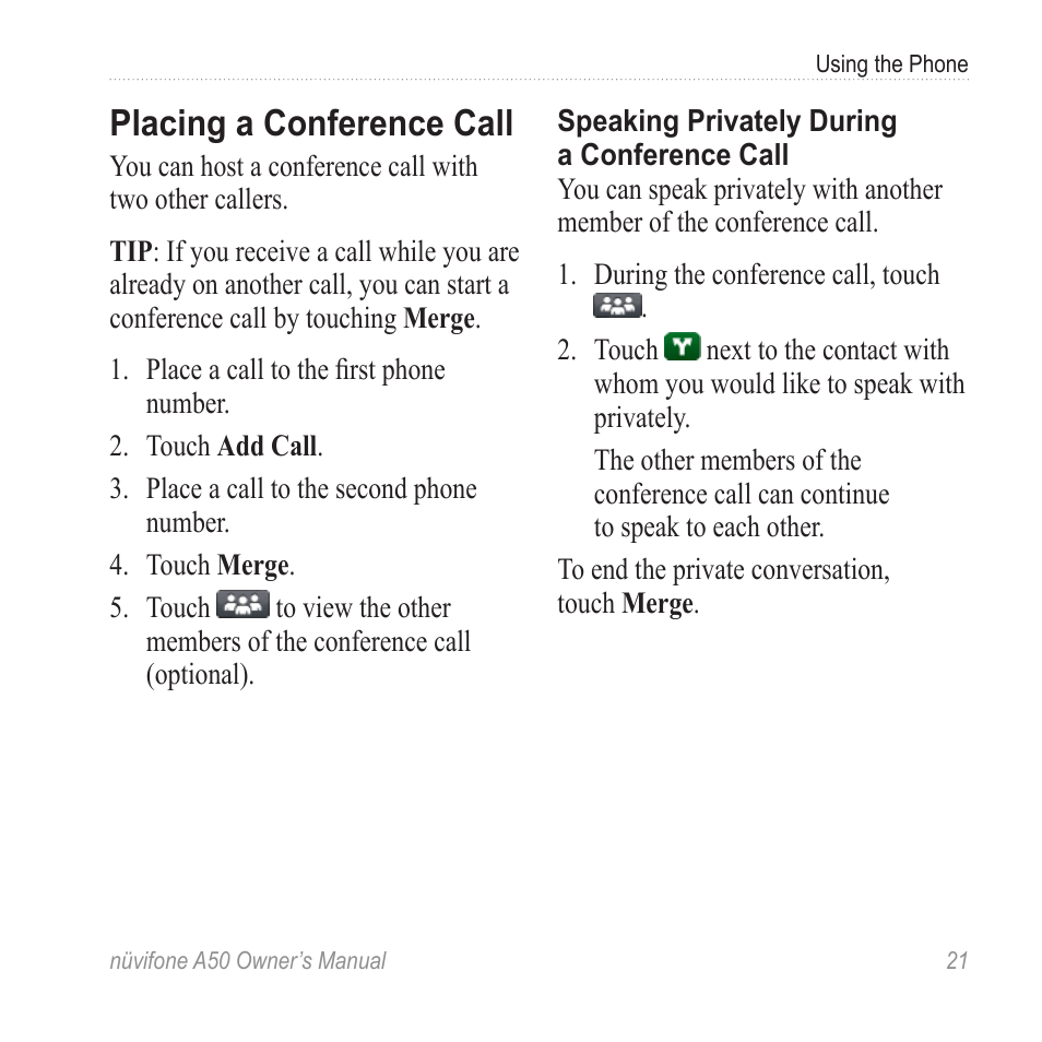 Placing a conference call | Graco NUVIFONE A50 User Manual | Page 29 / 136