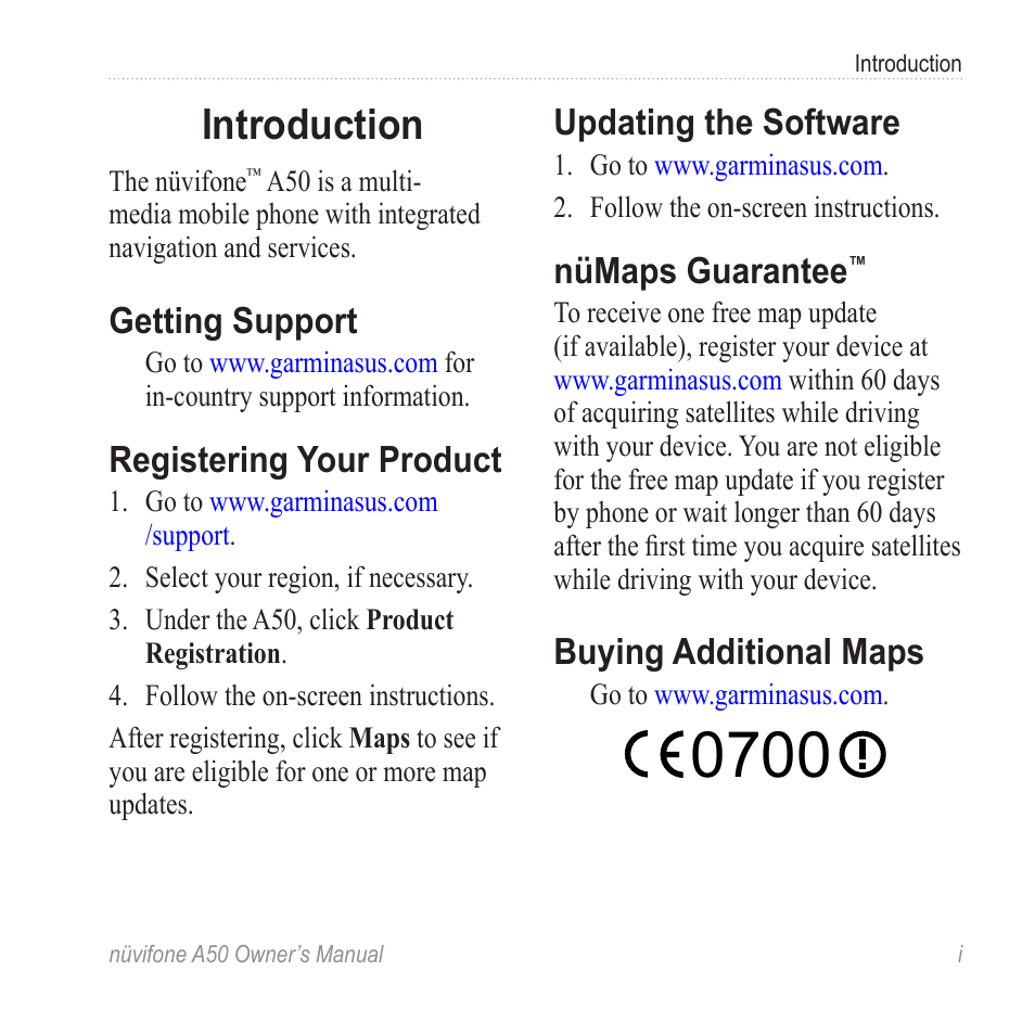 Introduction, Getting support, Registering your product | Updating the software, Nümaps guarantee, Buying additional maps | Graco NUVIFONE A50 User Manual | Page 3 / 136