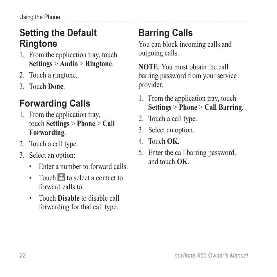 Setting the default ringtone, Forwarding calls, Barring calls | Graco NUVIFONE A50 User Manual | Page 30 / 136