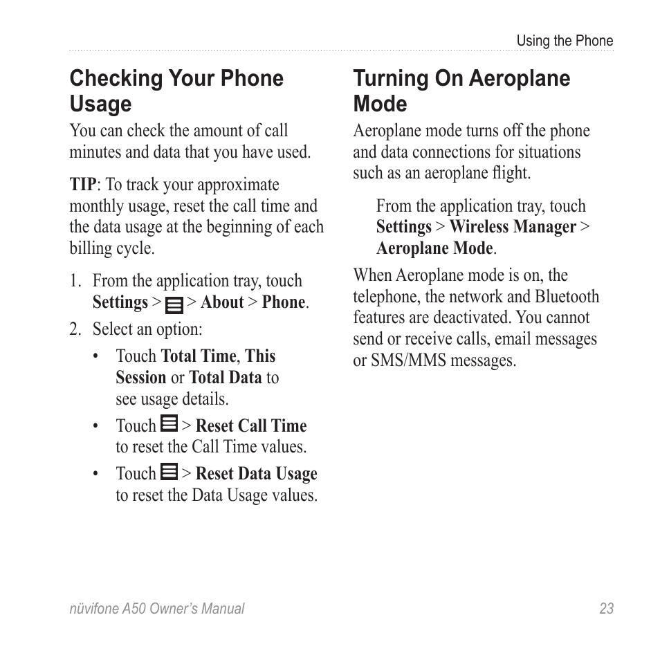 Checking your phone usage, Turning on aeroplane mode | Graco NUVIFONE A50 User Manual | Page 31 / 136