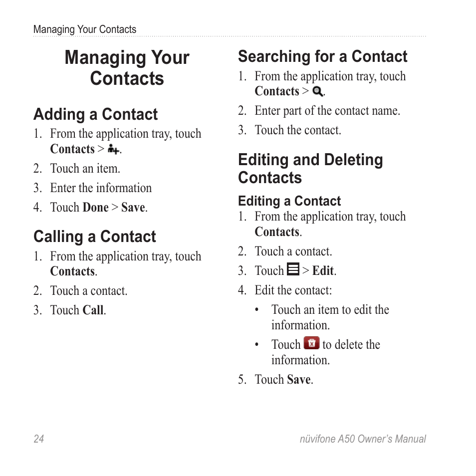 Managing your contacts, Adding a contact, Calling a contact | Searching for a contact, Editing and deleting contacts | Graco NUVIFONE A50 User Manual | Page 32 / 136