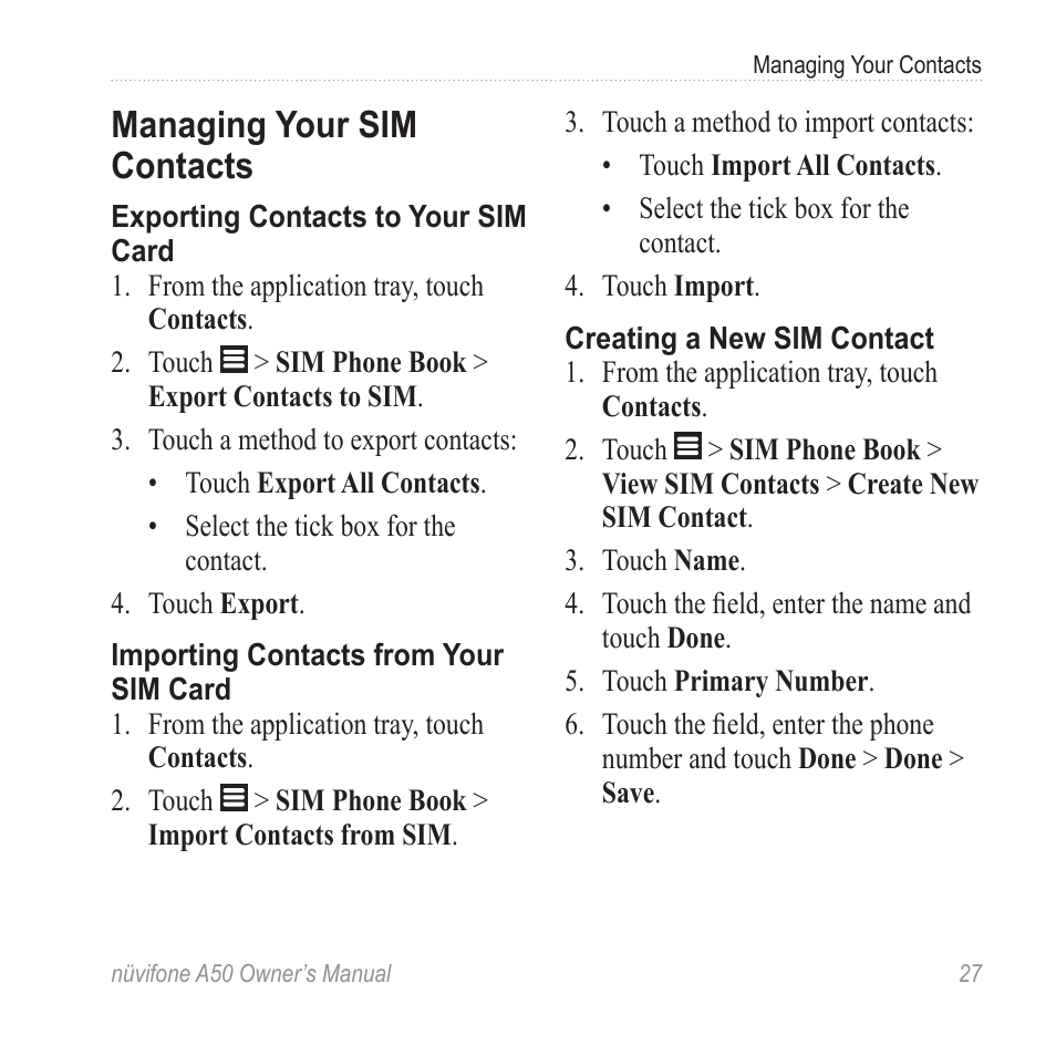 Managing your sim contacts | Graco NUVIFONE A50 User Manual | Page 35 / 136