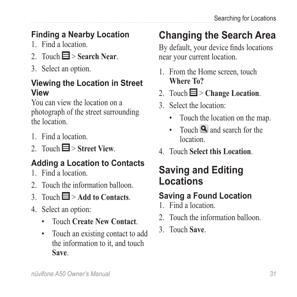 Changing the search area, Saving and editing locations | Graco NUVIFONE A50 User Manual | Page 39 / 136