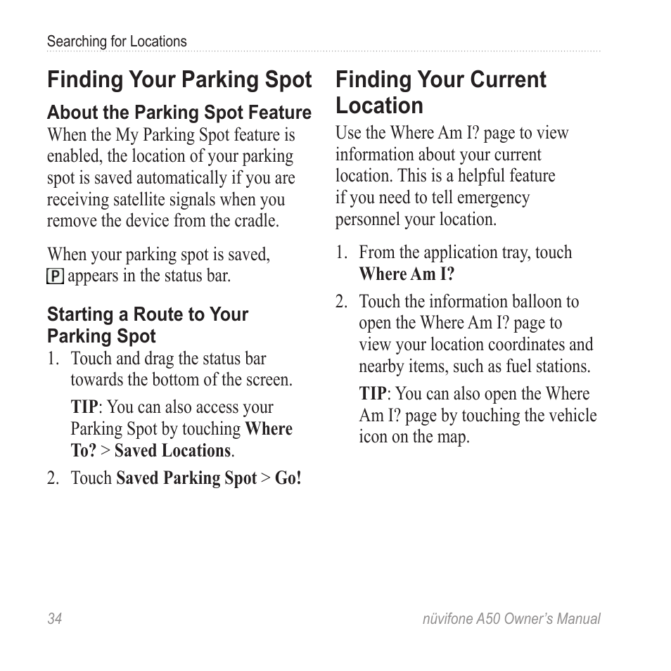 Finding your parking spot, Finding your current location | Graco NUVIFONE A50 User Manual | Page 42 / 136