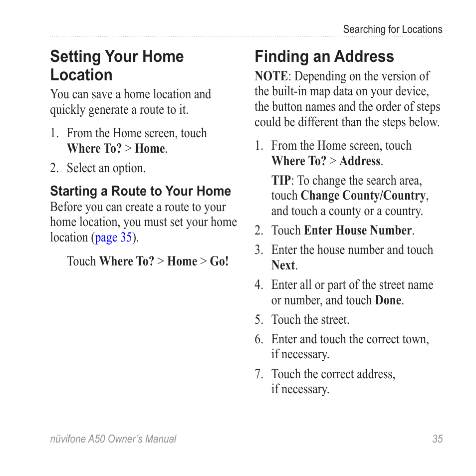 Setting your home location, Finding an address | Graco NUVIFONE A50 User Manual | Page 43 / 136