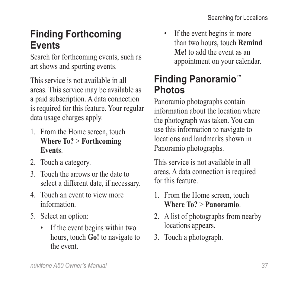 Finding forthcoming events, Finding panoramio™ photos, Finding panoramio | Photos | Graco NUVIFONE A50 User Manual | Page 45 / 136