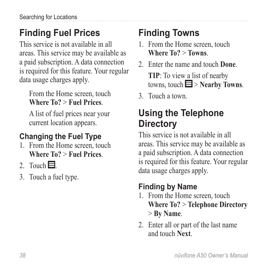 Finding fuel prices, Finding towns, Using the telephone directory | Graco NUVIFONE A50 User Manual | Page 46 / 136