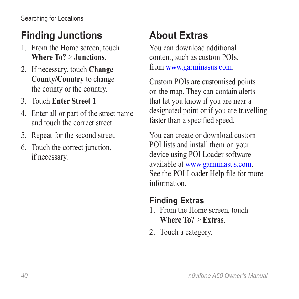 Finding junctions, About extras | Graco NUVIFONE A50 User Manual | Page 48 / 136