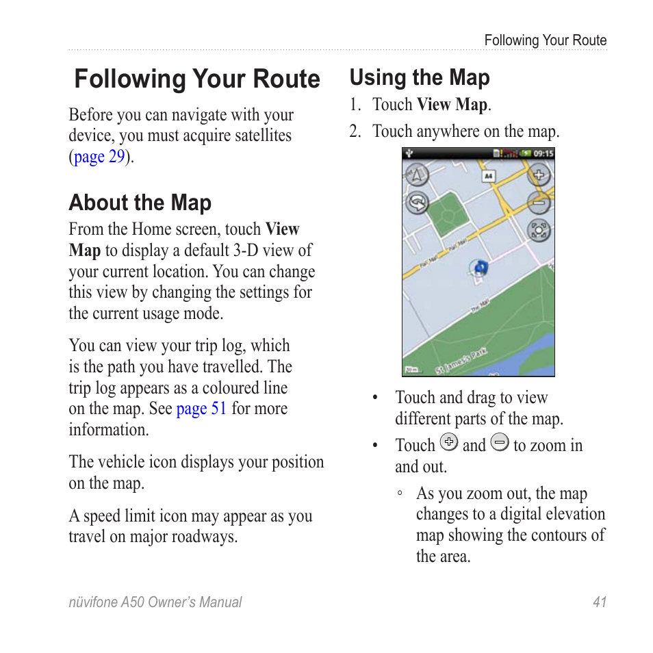 Following your route, About the map, Using the map | Graco NUVIFONE A50 User Manual | Page 49 / 136