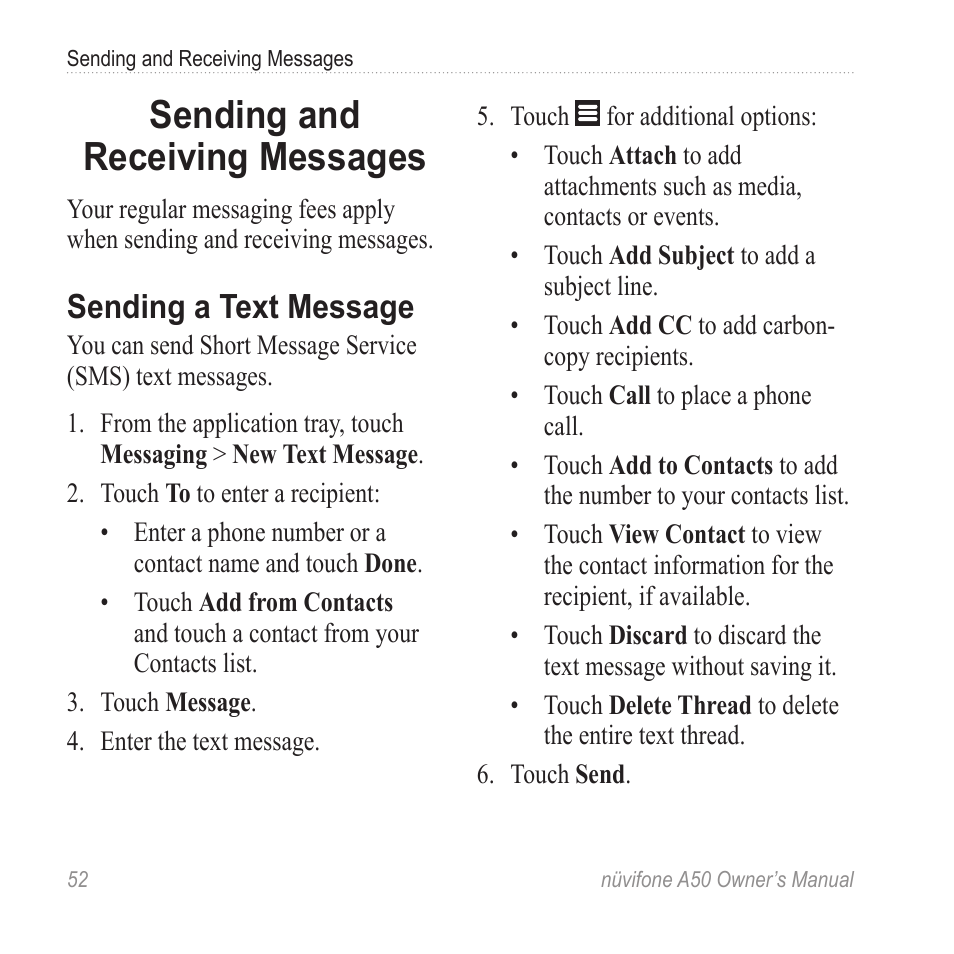 Sending and receiving messages, Sending a text message, Sending and receiving | Messages | Graco NUVIFONE A50 User Manual | Page 60 / 136