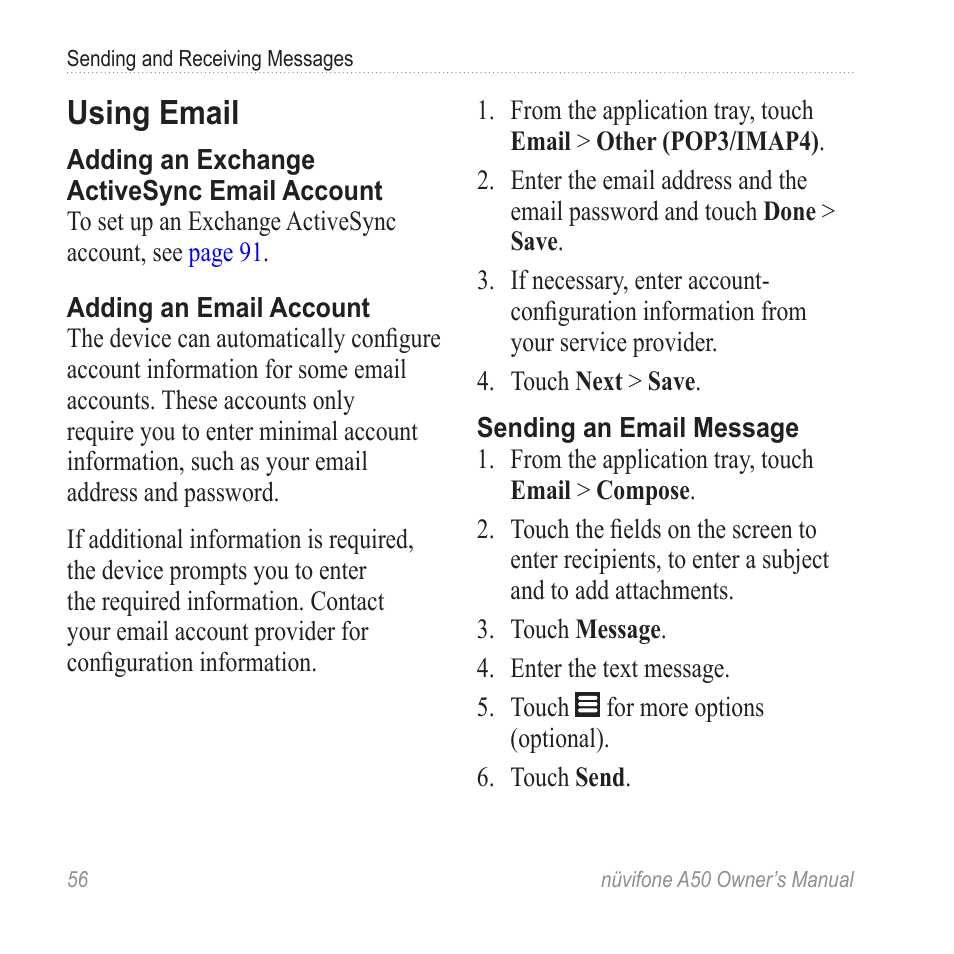 Using email, Set up an email account | Graco NUVIFONE A50 User Manual | Page 64 / 136