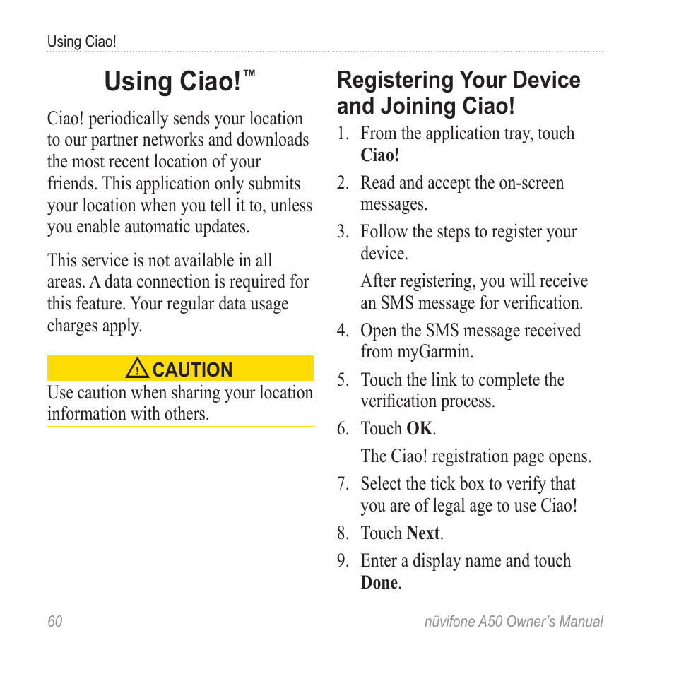 Using ciao, Registering your device and joining ciao, Registering your device and | Joining ciao | Graco NUVIFONE A50 User Manual | Page 68 / 136