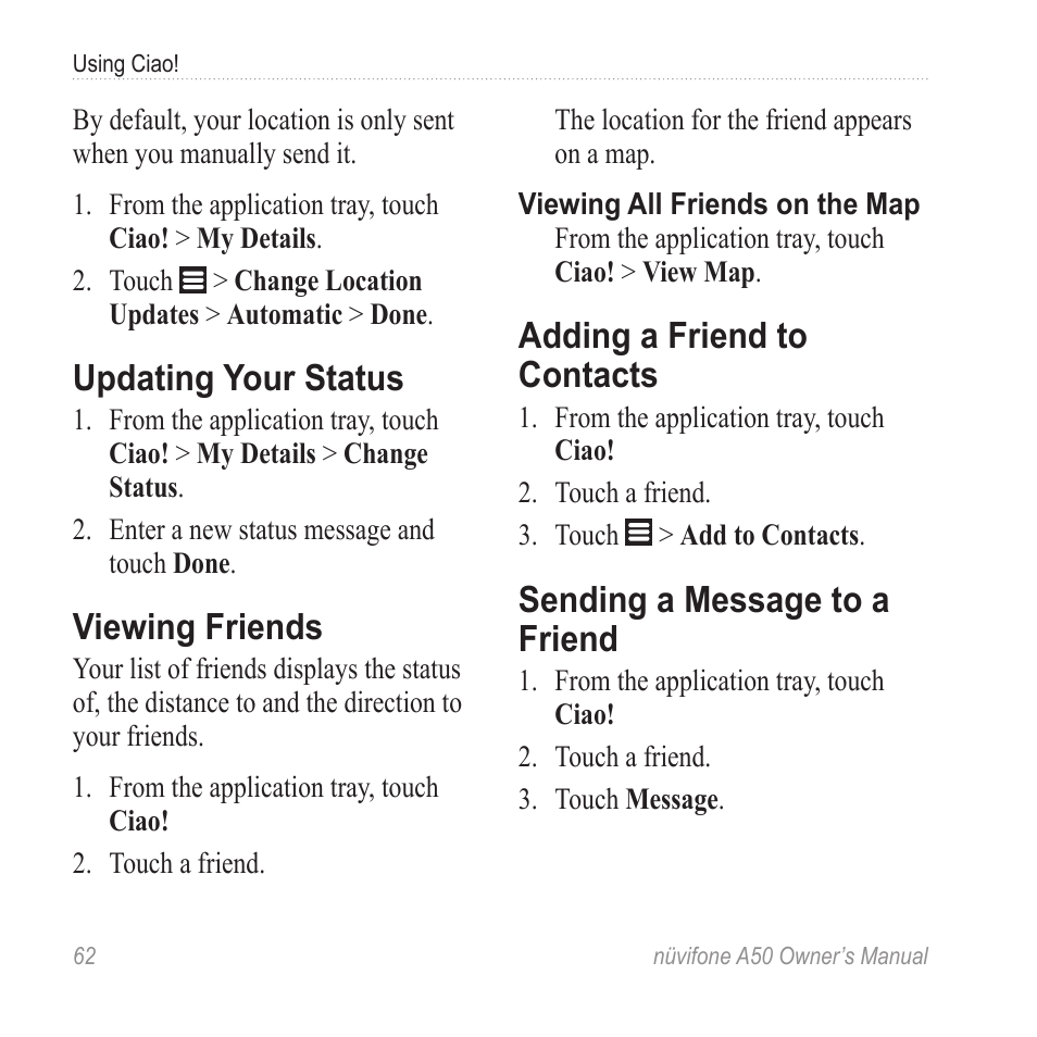 Updating your status, Viewing friends, Adding a friend to contacts | Sending a message to a friend | Graco NUVIFONE A50 User Manual | Page 70 / 136