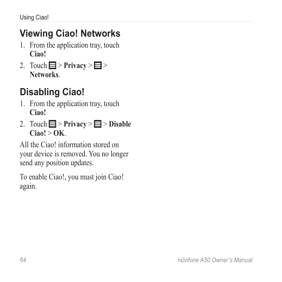 Viewing ciao! networks, Disabling ciao | Graco NUVIFONE A50 User Manual | Page 72 / 136