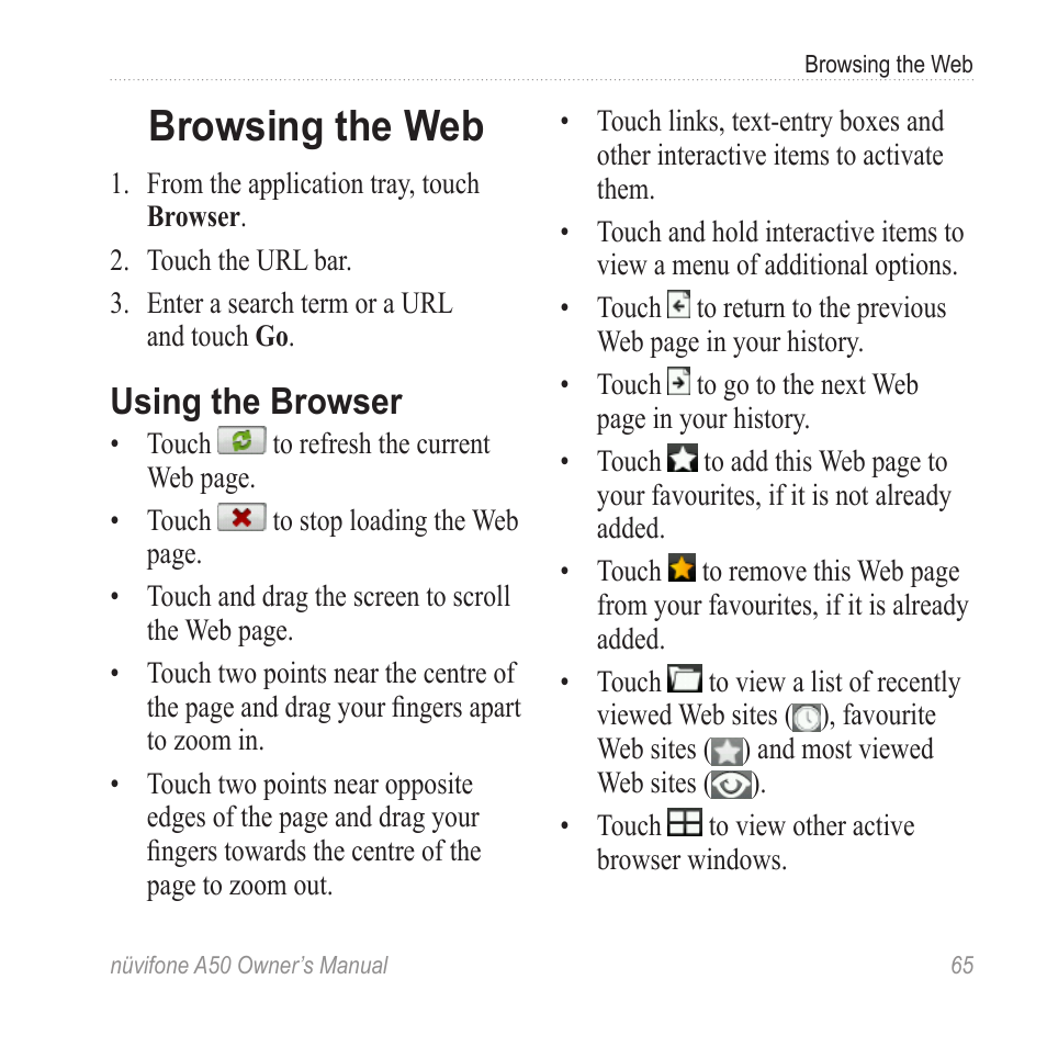 Browsing the web, Using the browser | Graco NUVIFONE A50 User Manual | Page 73 / 136